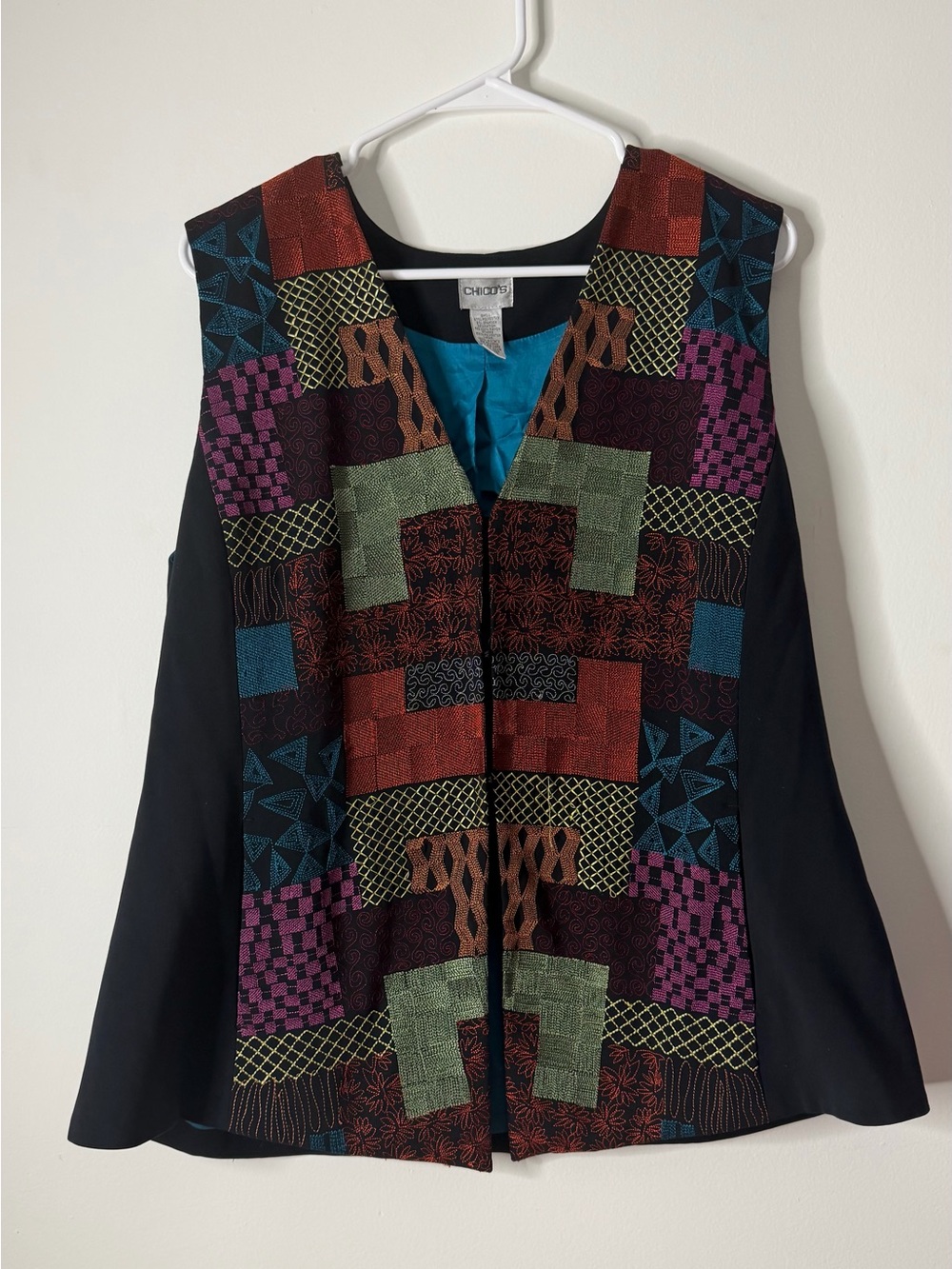 Chico's Patchwork Panel Sleeveless Tunic - Black with Teal, Purple, Rust, Olive